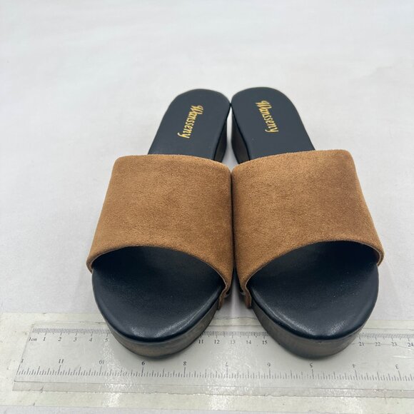 Wansseny Brown Suede Open Toe Studded Slip on Flatform Low Heel Clogs Mules - Picture 3 of 8